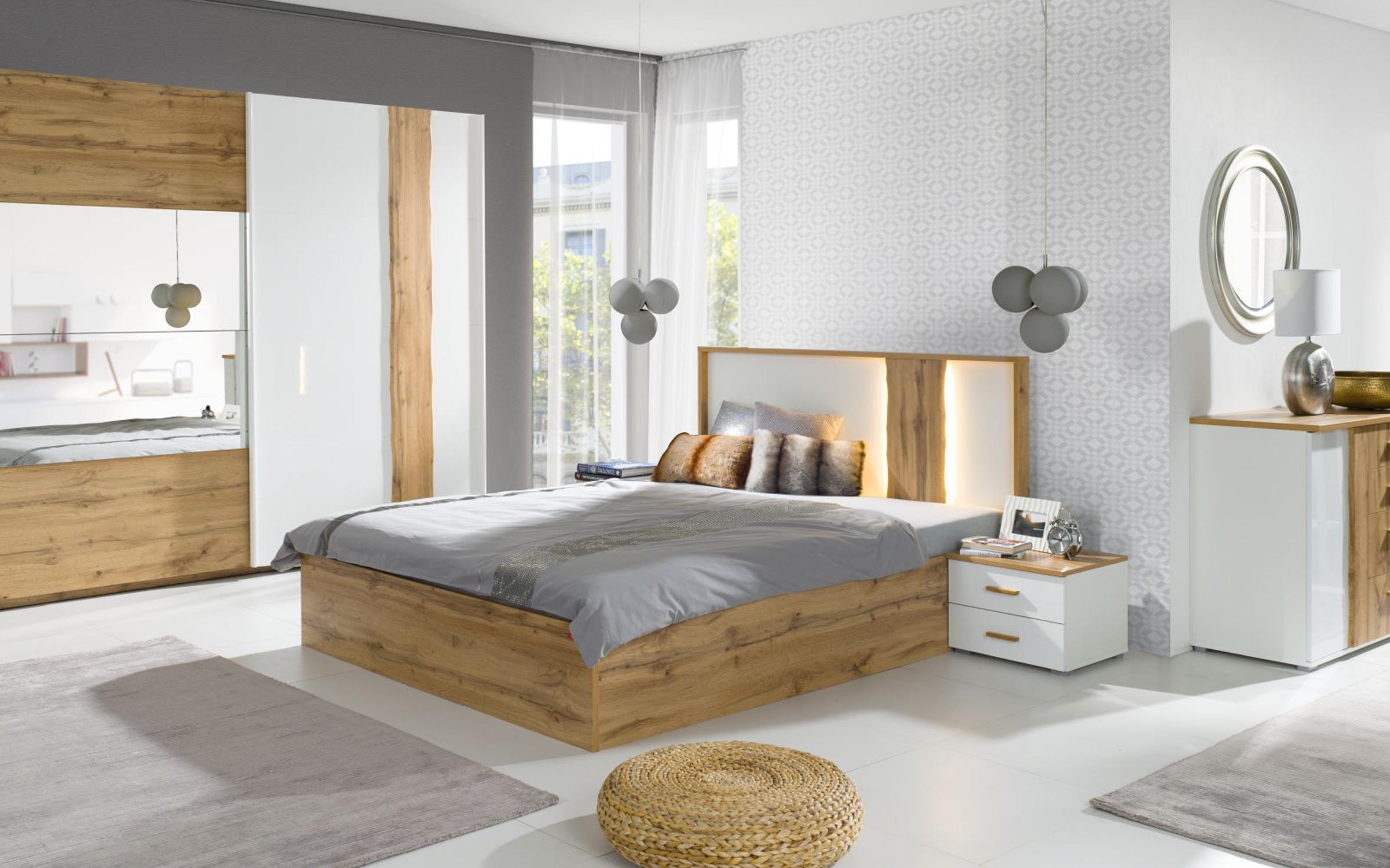 Κρεβάτι Wood 160/200 + LED, δρυς  votan + alpine white + λευκό γυαλιστερό  2
